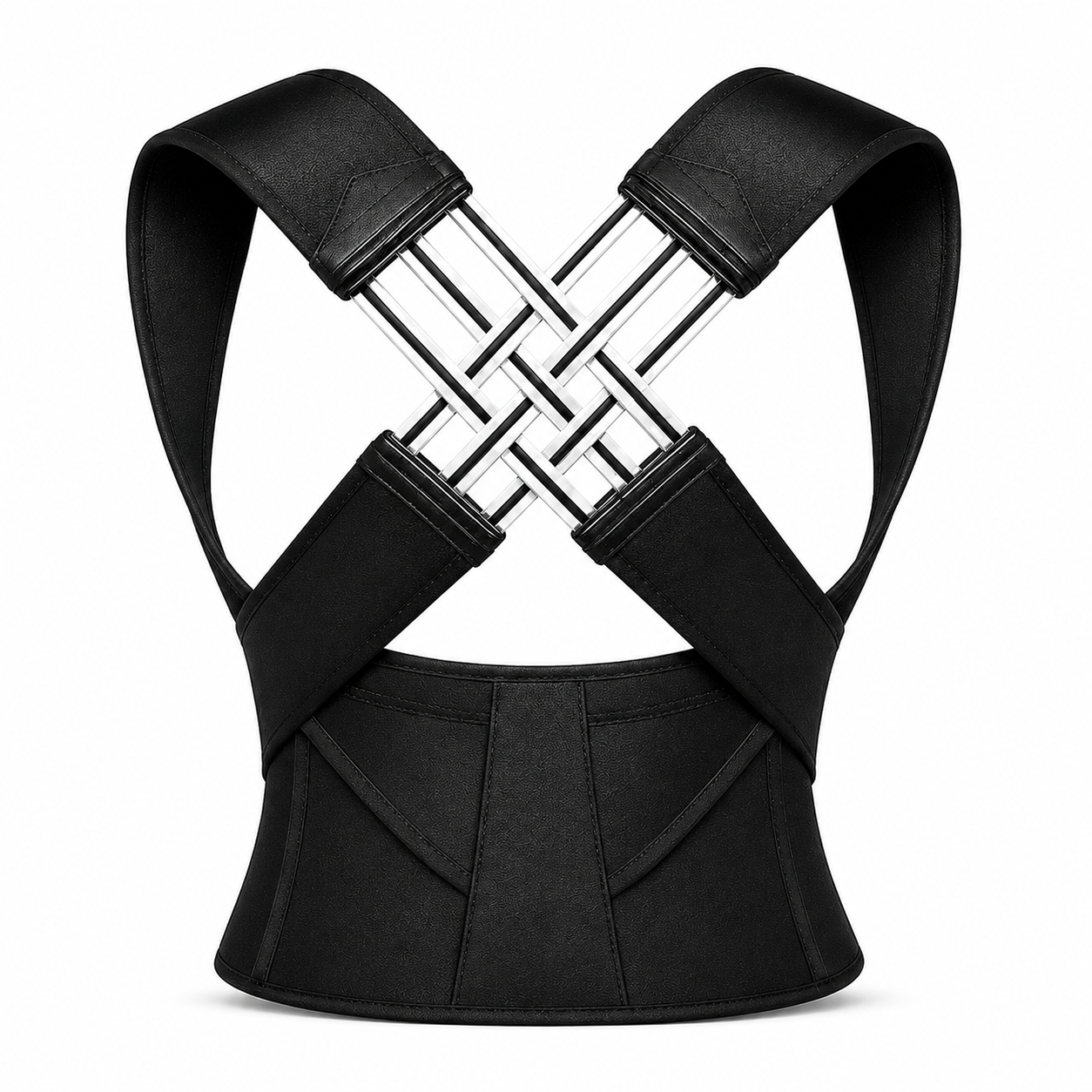 PosturePro™ posture corrector brace front view showing steel X-spring cross mechanism