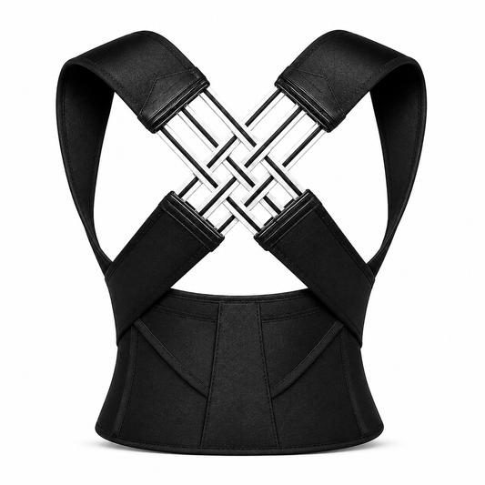 PosturePro™ posture corrector brace front view showing steel X-spring cross mechanism