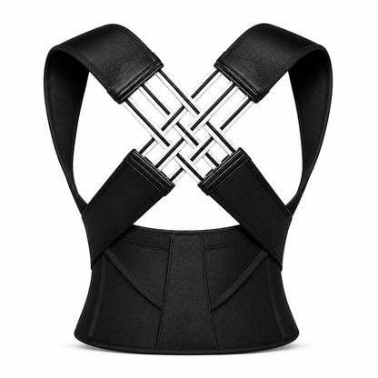 PosturePro™ posture corrector brace front view showing steel X-spring cross mechanism