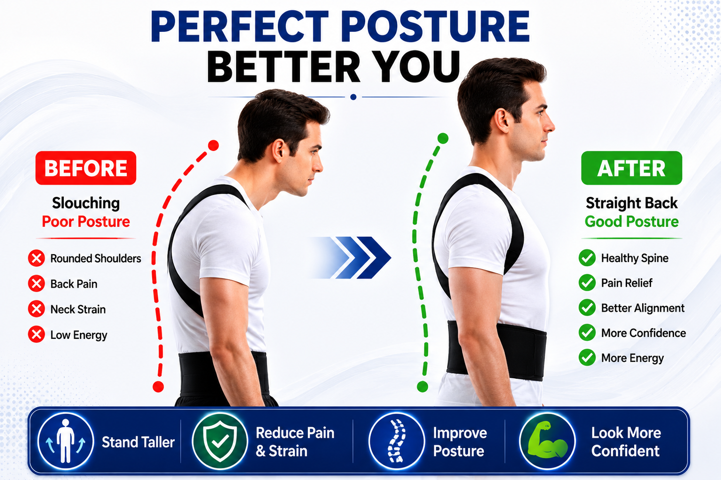 PosturePro™ adjustable shoulder straps close-up for universal fit